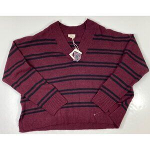 Ana A New Approach Burgundy Red Black Stripe V-Neck Long Sleeve Sweater Size XXL